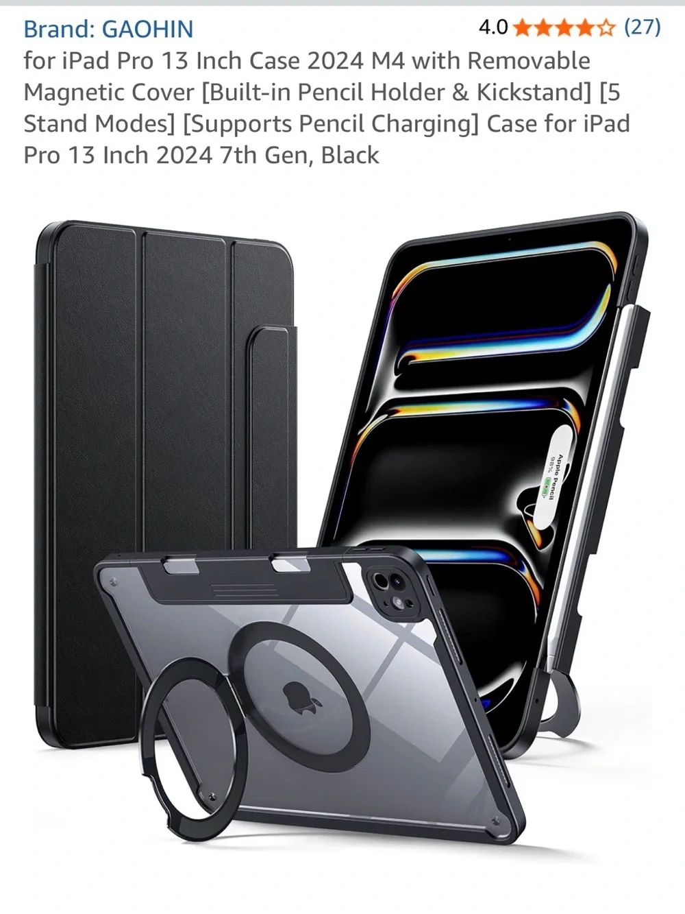 Black iPad Pro 13 Case with Magnetic Cover & Kickstand